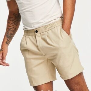 Topman twill slim pleat shorts in stone beige